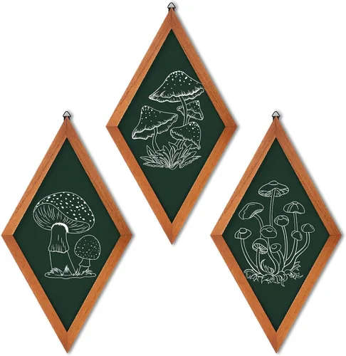 3 piezas de decoración de pared de hongos, letreros colgantes de diamantes de madera vintage de los años 70, estética botánica bohemia estilo