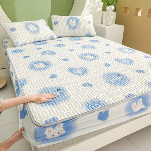 Miniatura 26 de FCLDESHOP Sábanas de bolsillos profundos, sábana bajera con estampado de látex fresco grueso de verano, protector de colchón de animé de dibujos