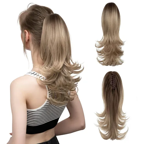 Miniatura 13 de CJL HAIR - Extensión de cola de caballo con clip de garra corto, cordón elástico, cabello rizado falso, balayage, pieza de cabello sintético, fibra