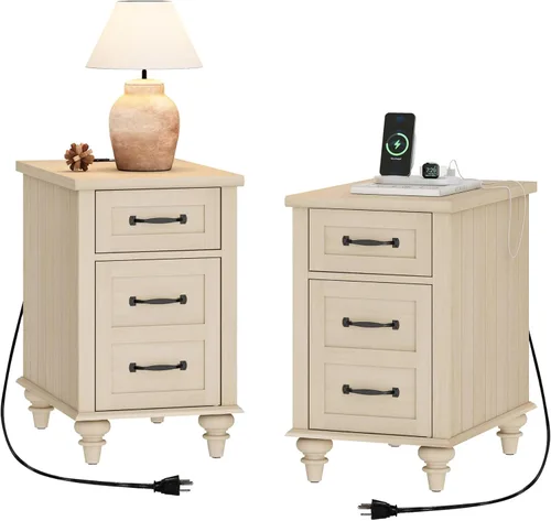 Miniatura 16 de WAMPAT Mesa auxiliar con estación de carga, mesa auxiliar de madera con cajón y armario de almacenamiento, mesa auxiliar moderna con tomas de Roble