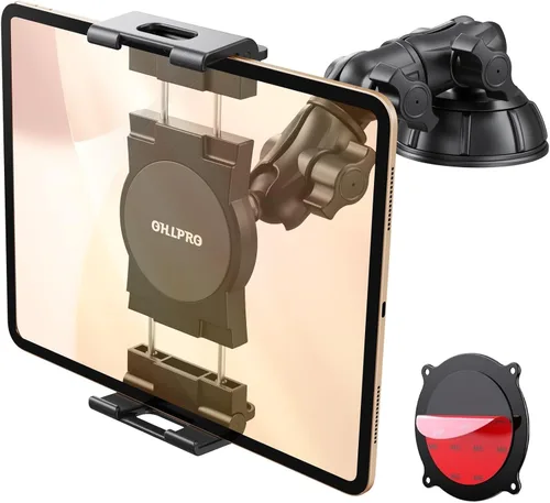 OHLPRO Soporte de tableta resistente para parabrisas de tablero de automóvil, camión, soporte giratorio de 360° para iPad con brazo largo y ventosa