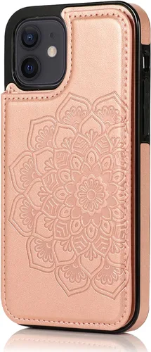Funda tipo cartera para iPhone 11 de 6.1 pulgadas con tarjetero y diseño de mandala en relieve de piel sintética con correa para la muñeca, doble
