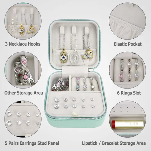 Miniatura 2 de Joyero de viaje organizador pequeño joyero Portabel Mini joyero para anillos, aretes, collares, pulseras y lápiz labial, color verde