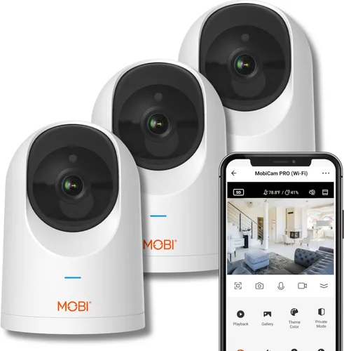 Mobi Cam PRO Cámara de monitoreo para el hogar (paquete de 3): Full HD, panorámica e inclinación, visión nocturna a color, seguimiento de