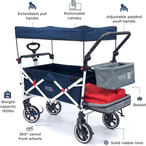 Miniatura 5 de Carro creativo para exteriores para niños, cochecito plegable con toldo Serie Titanium Plus Playa, parque, jardín (azul marino sólido)