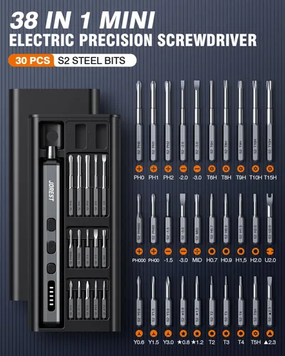Miniatura 8 de JOREST Mini destornillador eléctrico, pequeño juego de destornilladores de precisión inalámbricos con 38 puntas magnéticas, 5 ajustes de torsión