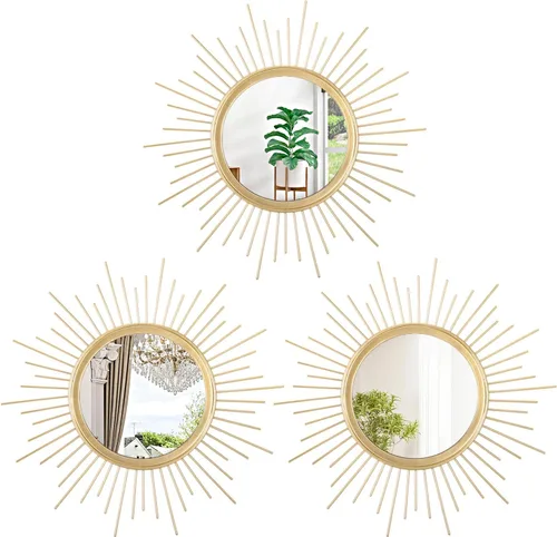 Miniatura 16 de Espejo de pared Sunburst negro con pequeños radios, espejo bohemio para el hogar, redondo, moderno, arte de pared de metal para sala de estar