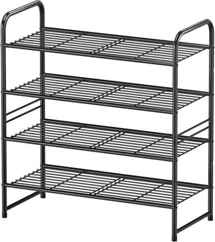 Miniatura 7 de Zapatero simple de 2 niveles y 27 pulgadas de ancho, estante organizador de zapatos de metal resistente para entrada, puerta delantera, color negro