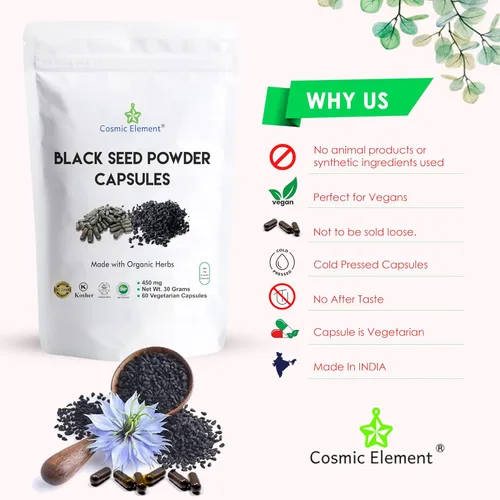 Miniatura 6 de Cosmic Element Cápsulas de polvo de semillas negras 100% puras orgánicas, veganas Nigella Sativa 450 mg de semillas de comino negro por porción