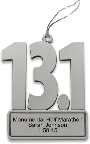 Indiana Metal Craft Half Marathon 13.1 Adorno de Navidad personalizado con grabado personalizado, adorno de peltre de 2 pulgadas para acabadores de