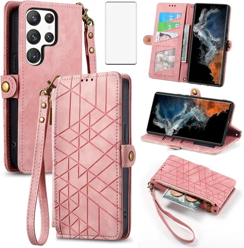 Asuwish Funda de teléfono para Samsung Galaxy S23 Ultra 5G Funda tipo cartera con protector de pantalla de vidrio templado y cremallera abatible,