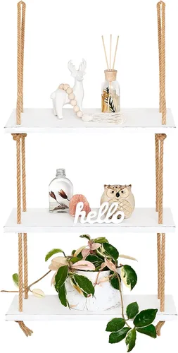 Miniatura 9 de Mkono Estantes colgantes de madera rústica de 3 niveles, estantes flotantes de pared para plantas de fotos, estante de almacenamiento colgante