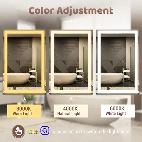 Miniatura 3 de Espejo de baño LED de 24 x 36 pulgadas, espejo de maquillaje con iluminación frontal, 3 colores regulables, antiniebla, CRI 95+, función de memoria