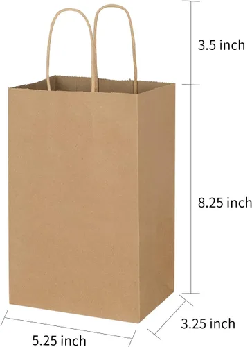 Miniatura 7 de Toovip Paquete de 50 bolsas pequeñas de papel kraft marrón liso de 5.25 x 3.25 x 8.25 pulgadas con asas a granel, bolsas de regalo para regalos