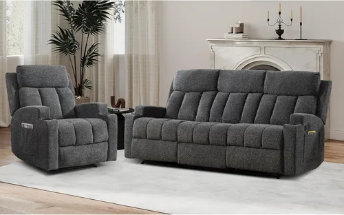 Miniatura 21 de CANMOV Juego de sofá modular reclinable manual, juegos de muebles de tela en forma de L, sofá esquinero modular reclinable y silla reclinable