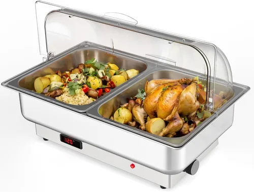 Miniatura 10 de GarveeHome Juego de bufé eléctrico de acero inoxidable con tapa enrollable con 1 sartén de 9 cuartos de galón, control de temperatura de 400 W