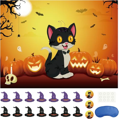 Miniatura 11 de Morcheiong Pin The Tail on The Cat - Juego de fiesta de cumpleaños con 48 sombreros, suministros de fiesta de cumpleaños con temática de gatos