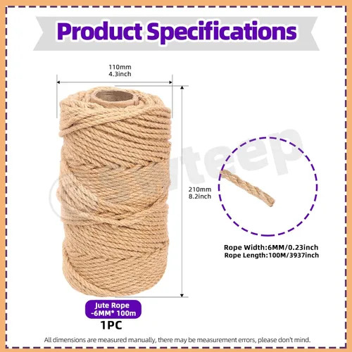 Miniatura 2 de Swpeet Cuerda trenzada de yute natural de 0.236 in x 328 pies, cuerda larga de yute para embalaje, jardinería, ganchillo, perfecto