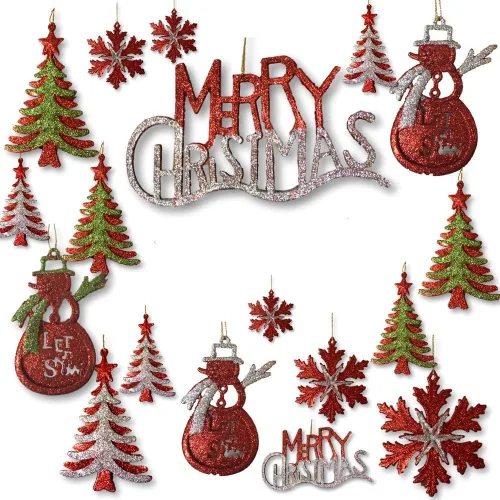 Miniatura 10 de Surtido de adornos de Navidad – Purpurina roja plateada y verde – Juego de 13 adornos de Navidad con purpurina – Muñecos de nieve – Feliz Navidad