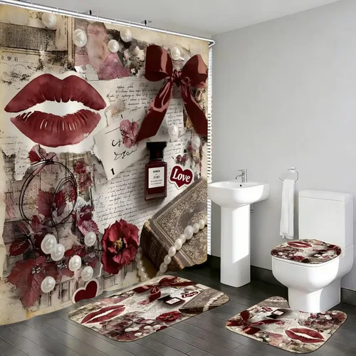 DDQQ Juego de 4 cortinas de ducha sexy para mujer, con lazo de perlas, juego de decoración de baño de flores rojas a la moda, juego de cortinas de