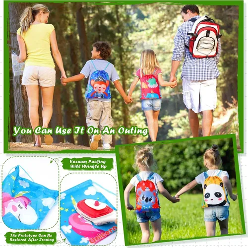 Miniatura 4 de Shappy Paquete de 12 bolsas de recuerdos de fiesta de animales de dibujos animados, bolsa de regalo de animales de safari, mochila con cordón