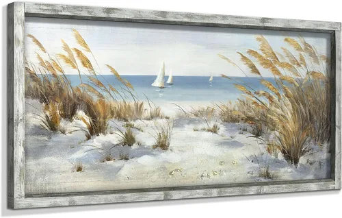 Miniatura 9 de Pintura enmarcada de playa para decoración de pared: arte abstracto de la pared del océano, pintura al óleo costera, gaviotas, imagen impresa