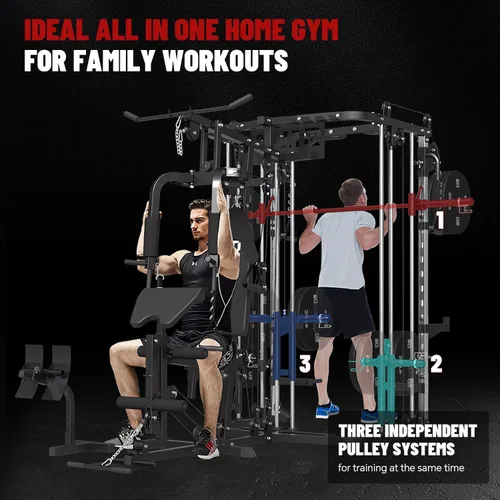 Miniatura 7 de Sistema de gimnasio todo en uno para el hogar, estación de entrenamiento multifunción con máquina Smith, jaula de potencia y sistema de cruce