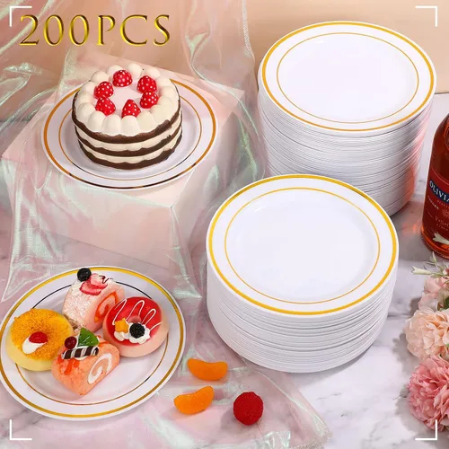 Miniatura 4 de Sieral 200 platos desechables de plástico para fiestas con borde de plástico duro, aperitivo, ensalada, postre de 7.5 pulgadas, elegante vajilla