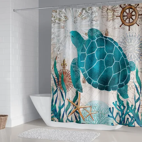 Miniatura 2 de Cortina de ducha de tortuga marina, juego de cortinas de ducha de océano azul, divertidas cortinas de ducha con 12 ganchos, cortinas de tela