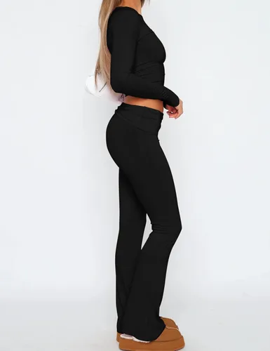 Miniatura 3 de ICOBID Conjunto de 2 piezas para mujer, camiseta corta básica de manga larga y leggings acampanados, pantalones de yoga de cintura baja