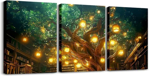 Castle Fairy Magical Mysterious Style Canvas Wall Art Set of 3,Bookshelf Bookcase Wall Hangings for Living Room Bedroom,Modern Building Trees Paint