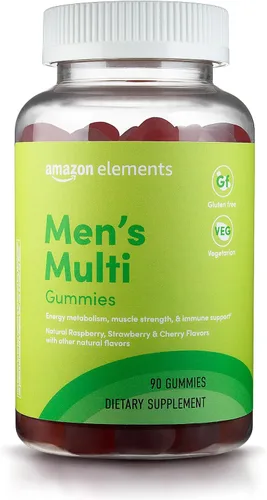 Amazon Elements - Multivitamínico orgánico para hombre, 90 gomitas (3 gomitas por porción), vegetariano, sin gluten, certificado orgánico