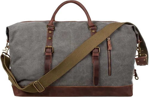 Miniatura 7 de S-ZONE - Bolsa de viaje de lona sobredimensionada con adornos de cuero genuino, bolsa deportiva de hombro de fin de semana, bolso de fin de semana