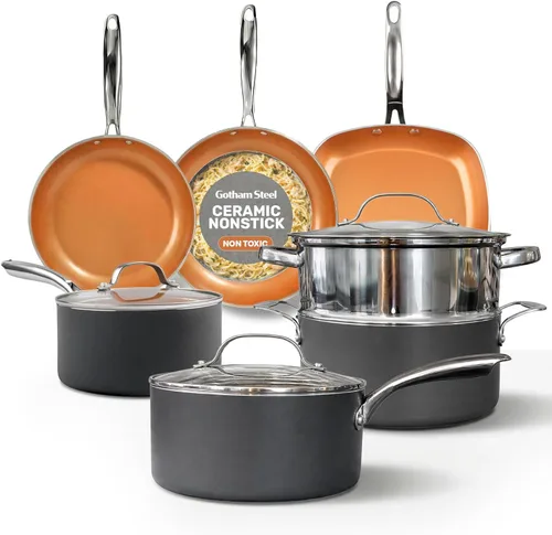 GOTHAM STEEL - Juego de 12 piezas de utensilios de cocina de cerámica antiadherente, juego de ollas y sartenes antiadherentes con vaporera para