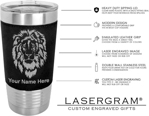 Miniatura 7 de LaserGram Vaso aislado al vacío de 20 onzas, bandera de México, grabado personalizado incluido (piel sintética, negro)