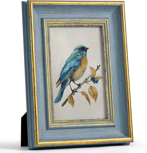 Sapowerntus Marco de fotos vintage de 4 x 6 pulgadas, línea dorada, azul envejecido, marco de fotos antiguo para colgar en la pared, decoración del