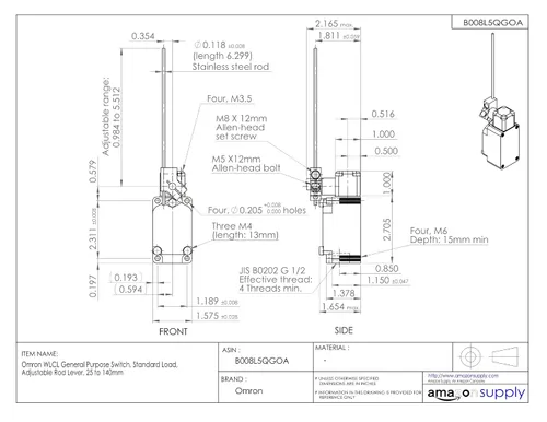 Miniatura 2 de Omron Interruptor WLCL de uso general, carga estándar, palanca de varilla ajustable, 25 a 5.512 in