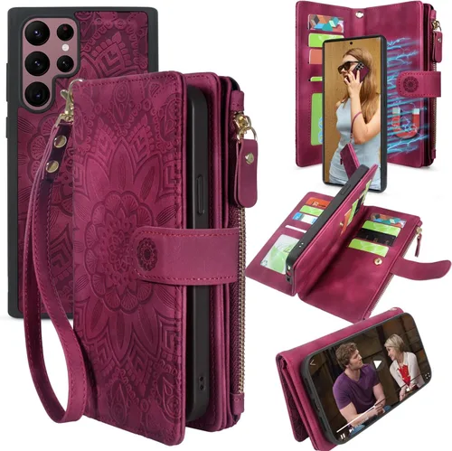 Miniatura 8 de Harryshell Funda de cuero desmontable con cremallera magnética con bolsillo para monedas, 12 ranuras para tarjetas, correa de muñeca para Samsung