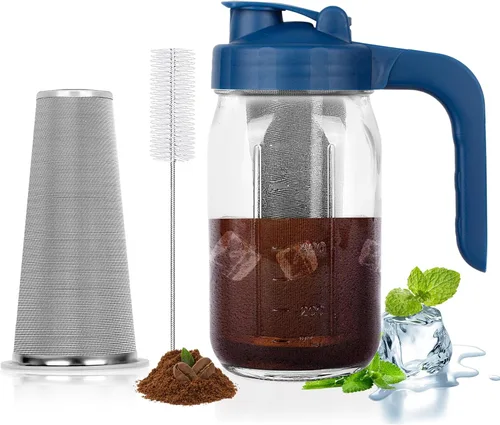 Jarra para Máquina de Café Frío, Jarra de Albañil de Vidrio de 32 Oz con Asa de V y Tapa con Orificio de V, Filtro de Acero Inoxidable para Café Azul