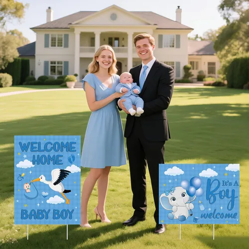 Miniatura 6 de 2 carteles decorativos de bienvenida para el patio del bebé, niño y niño, con estacas, diseño de elefante azul para baby shower, suministros de Azul