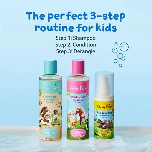Miniatura 7 de Childs Farm, Acondicionador de cabello infantil para piel seca y sensible y cuero cabelludo, fresa y menta orgánica, acondiciona y nutre, vegano