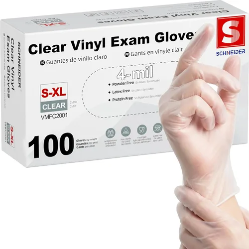 Schneider - Guantes de examen de vinilo transparente, sin látex, guantes médicos desechables, guantes de limpieza, seguros para alimentos, sin