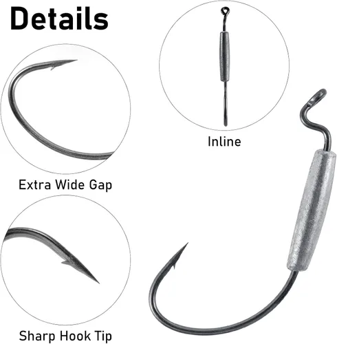 Miniatura 3 de Dr.Fish Paquete de 15 ganchos EWG ponderados con gusano pesado, anzuelos para natación, pesca de lubina, espacio extra ancho para Texas Rig Carolina