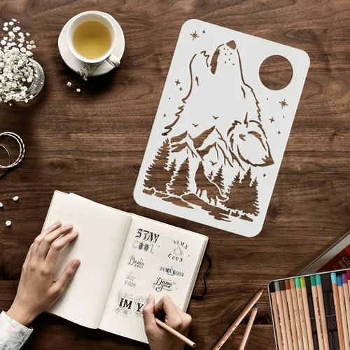 Miniatura 3 de FINGERINSPIRE Plantillas de decoración de lobo, plantillas de plástico de 11.7 x 8.3 pulgadas para dibujar con luna y montaña, tamaño A4