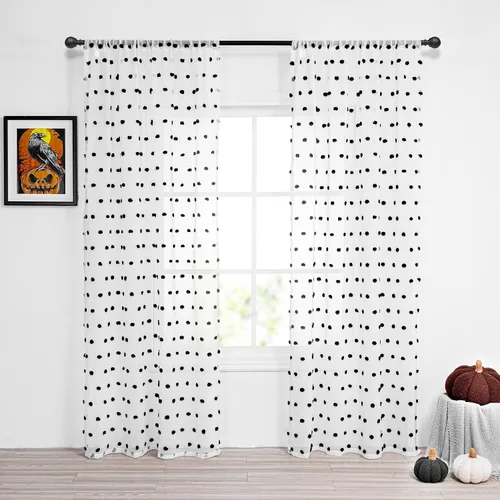 Miniatura 2 de MYSKY HOME Cortinas para sala de estar y dormitorio - 84 pulgadas de largo, cortinas transparentes negras con pompones de Halloween para guardería