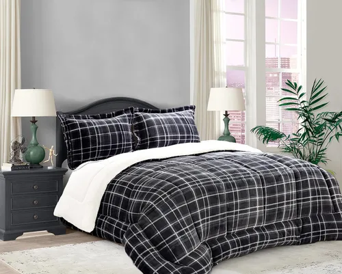 Elegant Comfort Edredón Sherpa suave y afelpado, colección Lilith a cuadros, juego de cama de 2 piezas, microfibra reversible de plumón alternativo,
