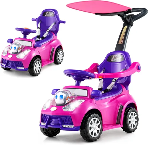 Costzon Coche de empuje para niños pequeños, cochecito 3 en 1, auto deslizante para caminar con asa, toldo, cinturón de seguridad, bocina, música y