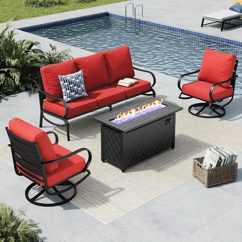 Miniatura 19 de MFSTUDIO Juego de 4 piezas de conversación para patio, marco de metal para todo tipo de clima, muebles de exterior con 1 mesa rectangular de propano