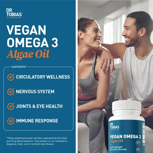 Miniatura 3 de Dr. Tobias Suplemento vegano de Omega 3, 1400 mg de aceite de algas, 420 mg de DHA y 210 mg de EPA por porción, sin OMG, sin gluten, sin