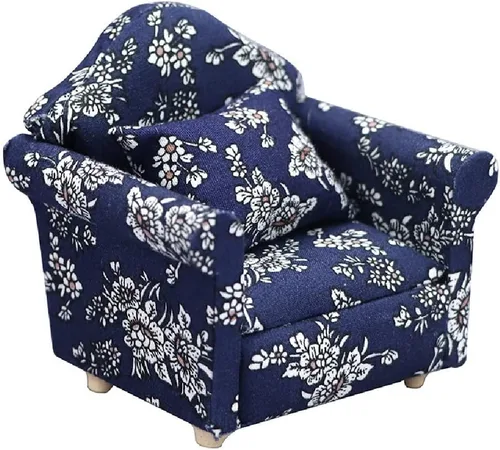 Miniatura 8 de Sofá de casa de muñecas con almohada, sofá miniatura a escala 1 y 12, muebles de sala de estar, marco de tela de madera, silla de lectura Azul